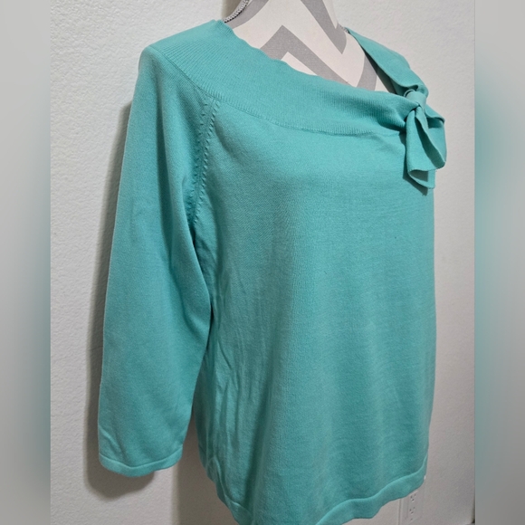 Sag Harbor Teal Aqua Knit Top Asymmetric Neckline with Bow Detail Size Large - Picture 3 of 11